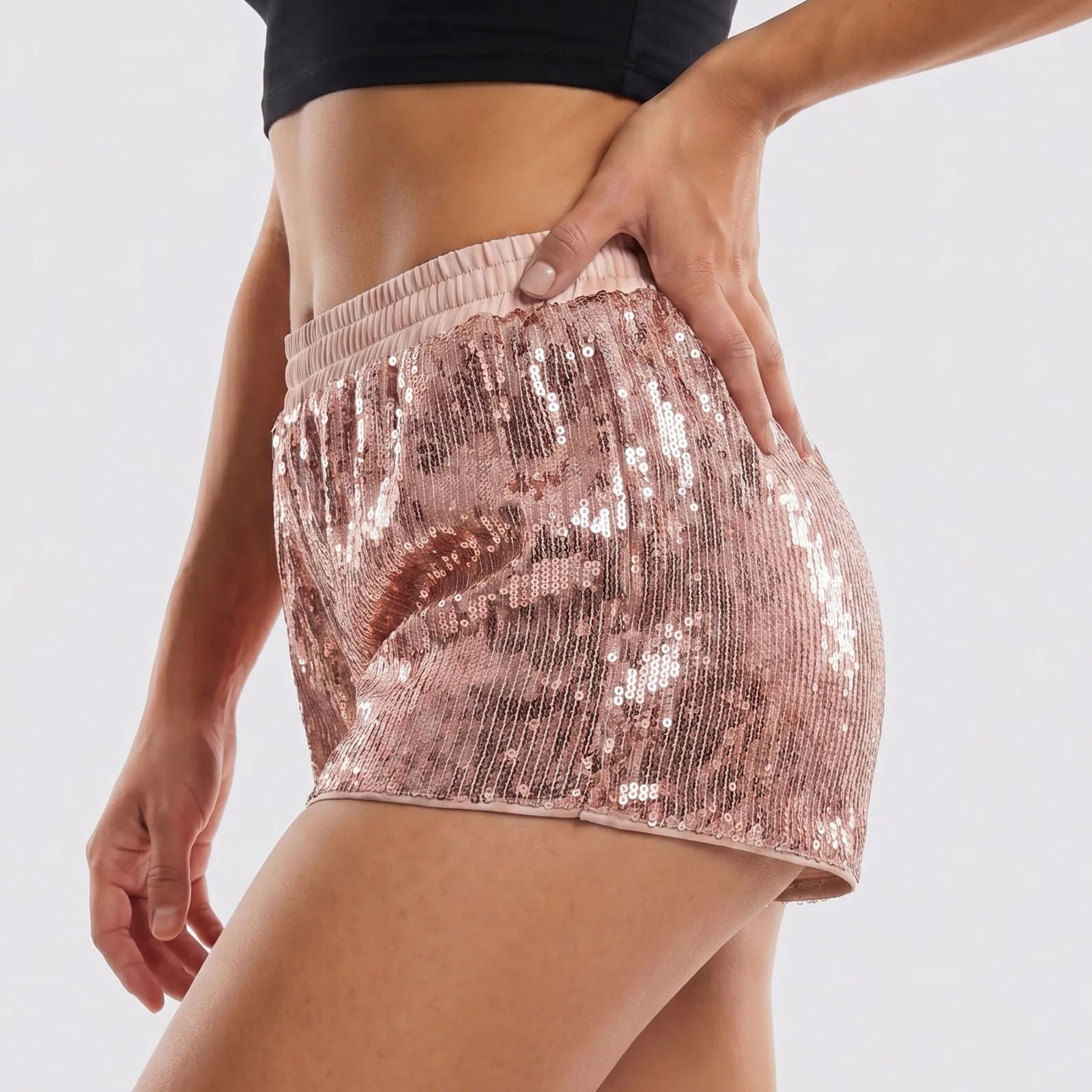 Fashion Women Summer Sequin Shorts Elastic Waist Wide Leg Loose Mini Short Pants Daily Casual Going Out
