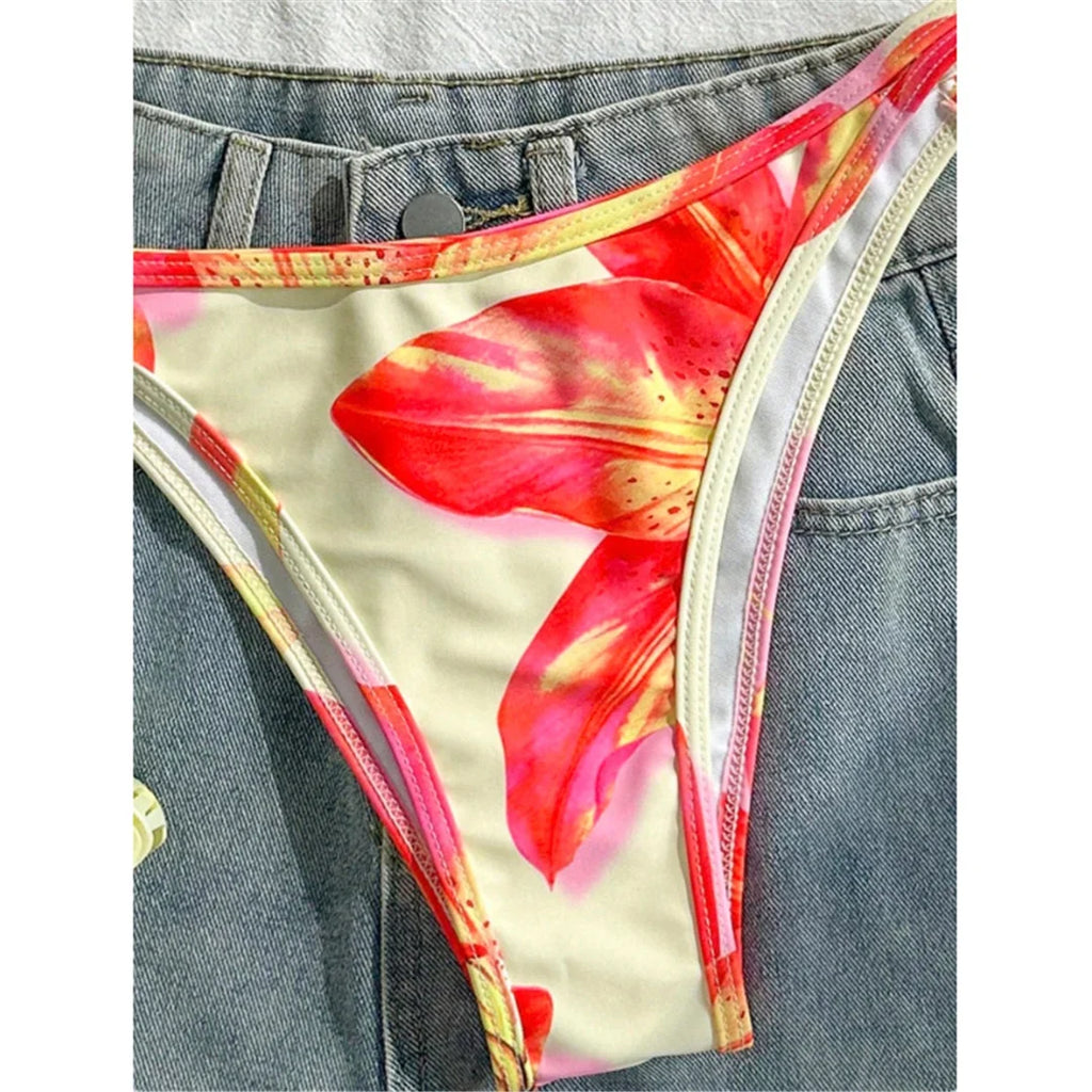 S - XL Flower Printed Bikini Female Swimsuit Women Swimwear Two-Pieces Bikini Set High Leg Cut Bather Bathing Suit Swim V7800