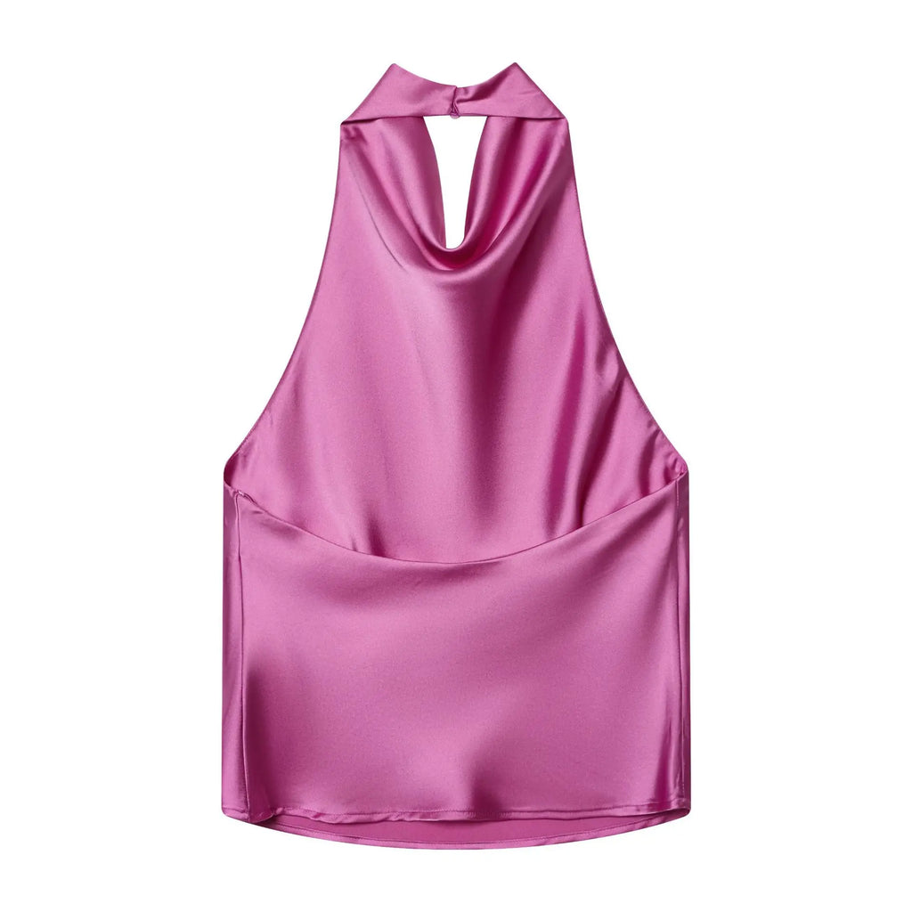 Women's Fashionable Sleeveless Halter Neck Top With Silk Satin Cowl Backless Sleeveless Blouse For Women Elegant Summer Top 3QM8