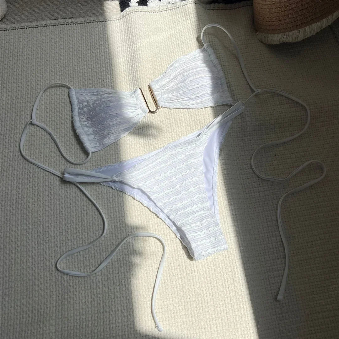 U Neck Wrinkled Crinkled Bikini Women Swimwear Female Swimsuit Two-Pieces Bikini Set High Cut Bather Bathing Suit Swim V5708B