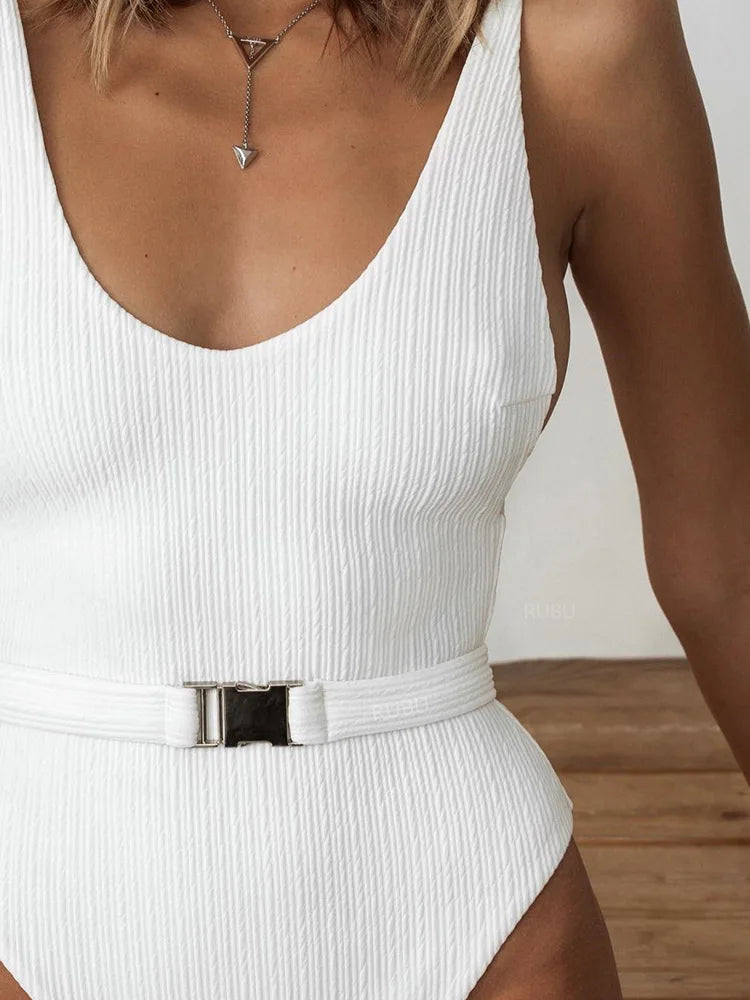 V Neck Ribbed High Cut Women Swimwear One Piece Swimsuit Female Backless Monokini with Waist Belt Bathing Suit Swim Beachwear