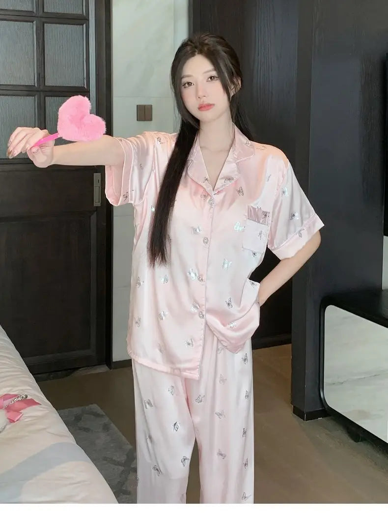 Women's padded pajamas spring and summer three-piece silk home clothes can be worn outside