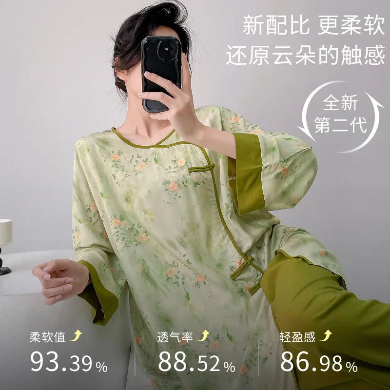 Plus size mother's cotton silk pajamas spring and summer new Chinese style can be worn outside home clothes Mother's Day gift