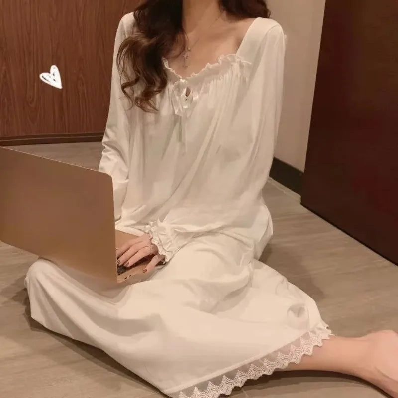 Long Sleeve Princess Style Nightdress Women's Pajamas Lace Palace Korean Version Loose Plus Size New Homewear Birthday Gift
