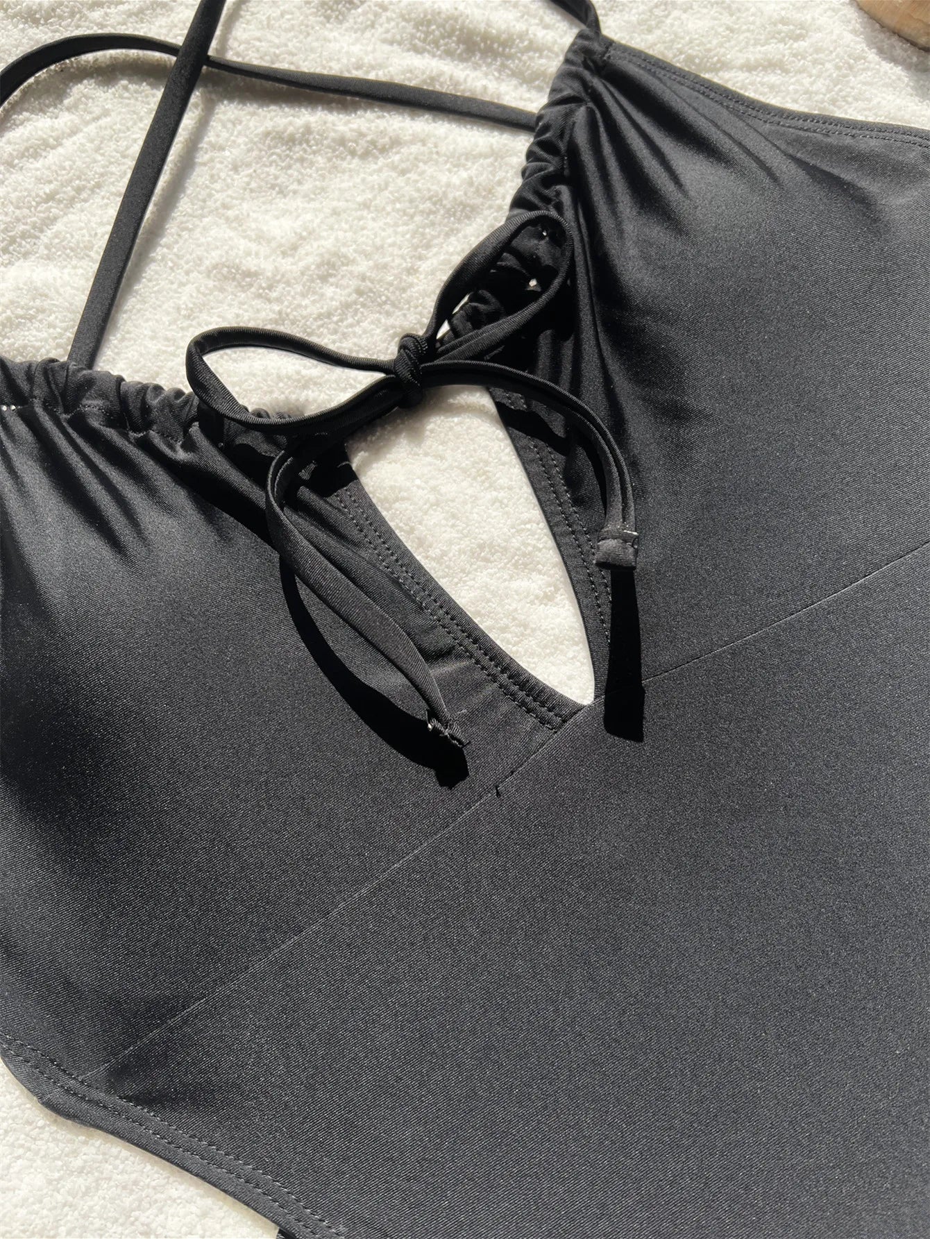 Sexy Solid Black Drawstring Bandage Backless Swimsuit One Piece Bikini Thong Swimwear Bodysuits Women Biquini Bathing Suits
