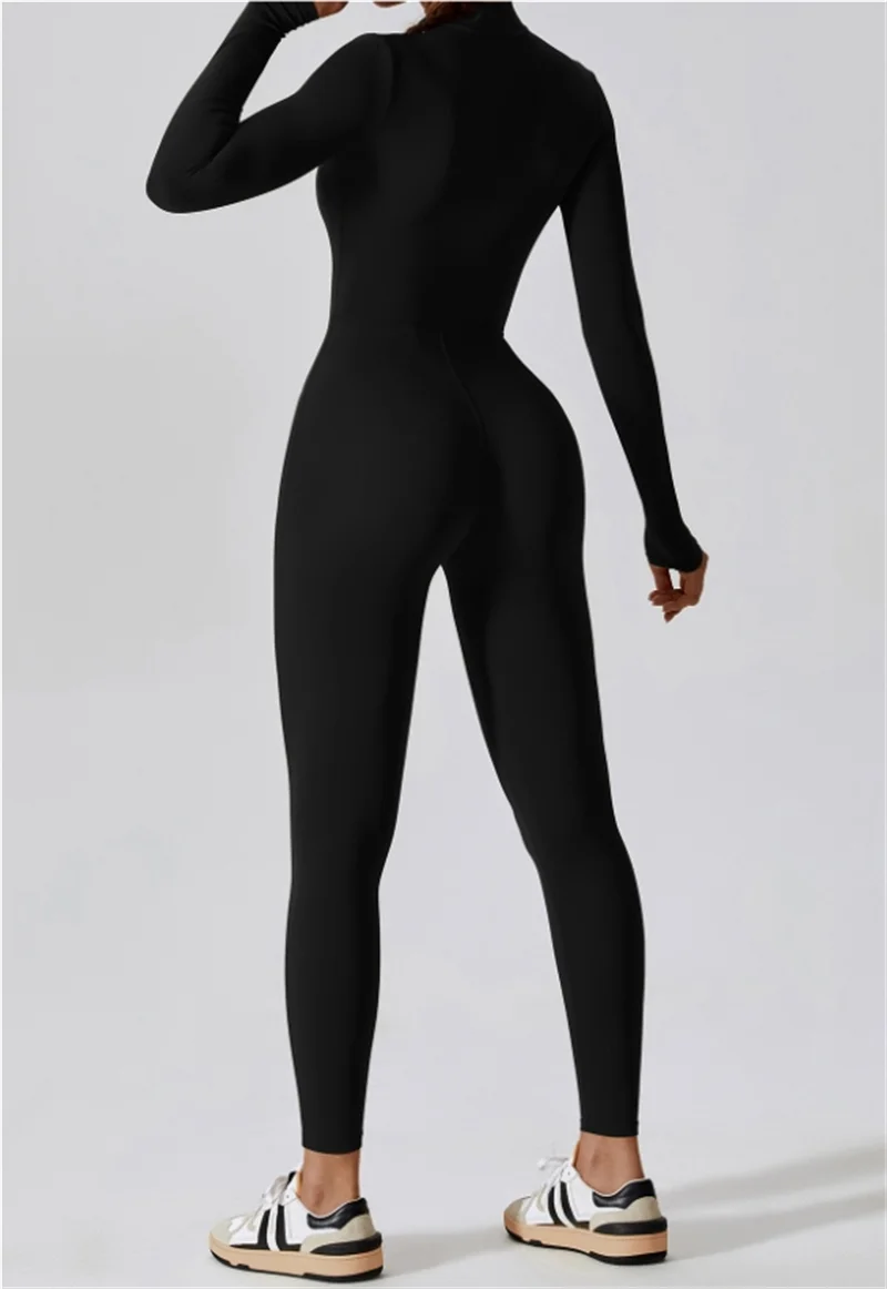 Half zip integrated long yoga jumpsuit solid color sexy long sleeved integrated sportswear for women