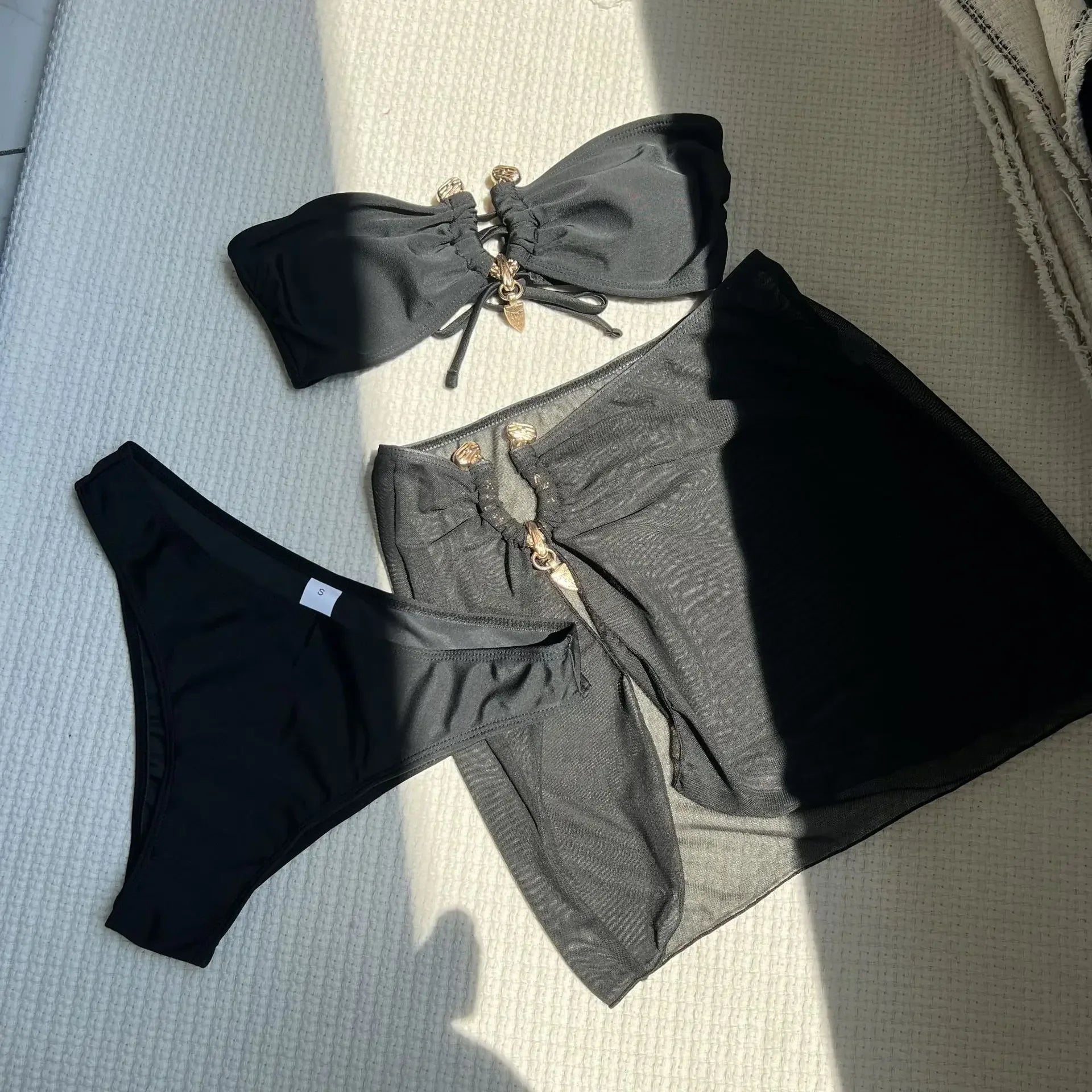 With Mesh Skirt Bandeau Bikini Women Swimwear Female Swimsuit Three-pieces Bikini Set Metal Ring Bathing Suit Swim Beachwear