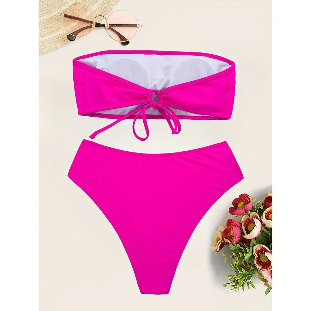 Sexy Bandeau High Leg Cut Female Swimsuit High Waist Bikini Women Swimwear Two-Pieces Bikini Set Bather Bathing Suit Swim V5444