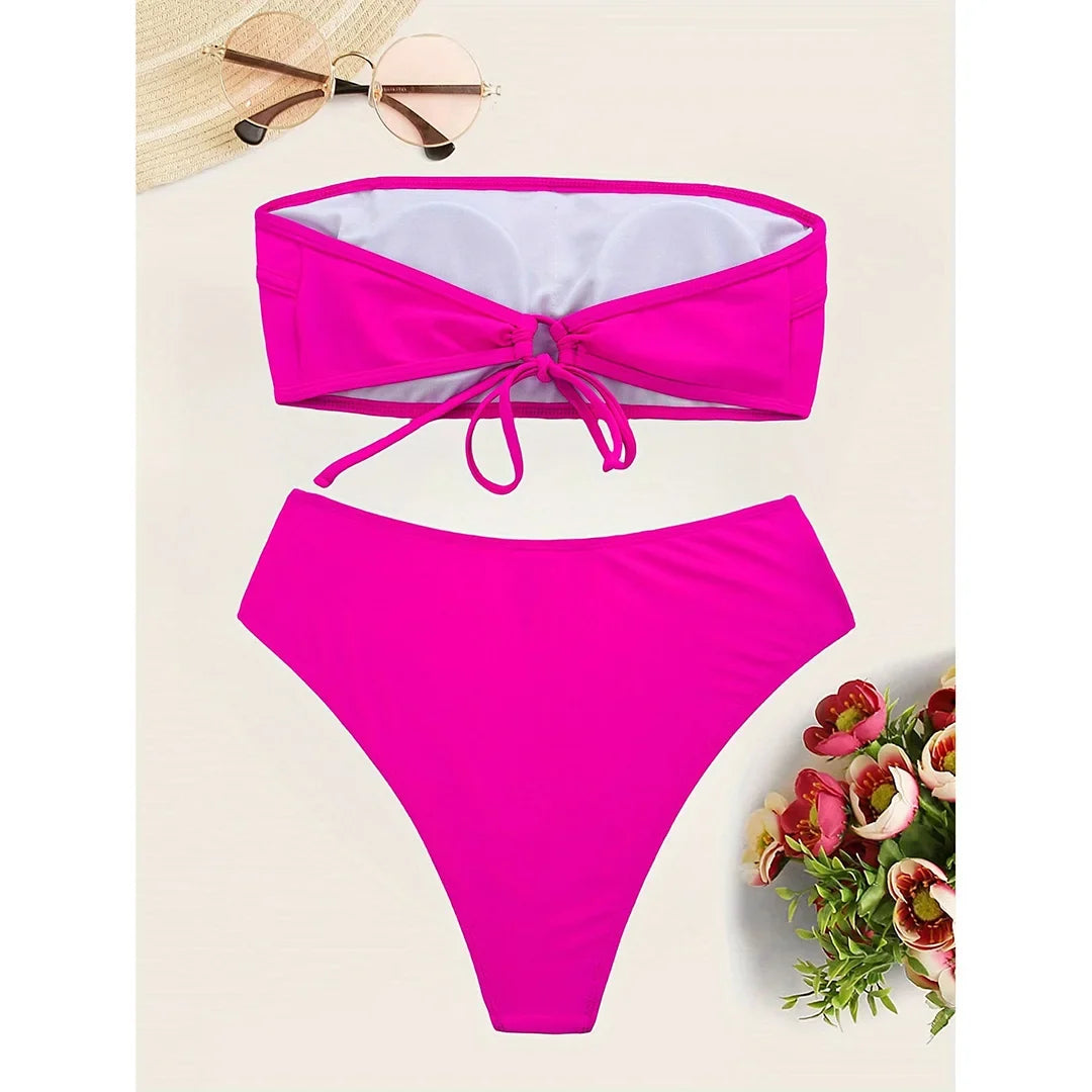 Sexy Bandeau High Leg Cut Female Swimsuit High Waist Bikini Women Swimwear Two-Pieces Bikini Set Bather Bathing Suit Swim V5444