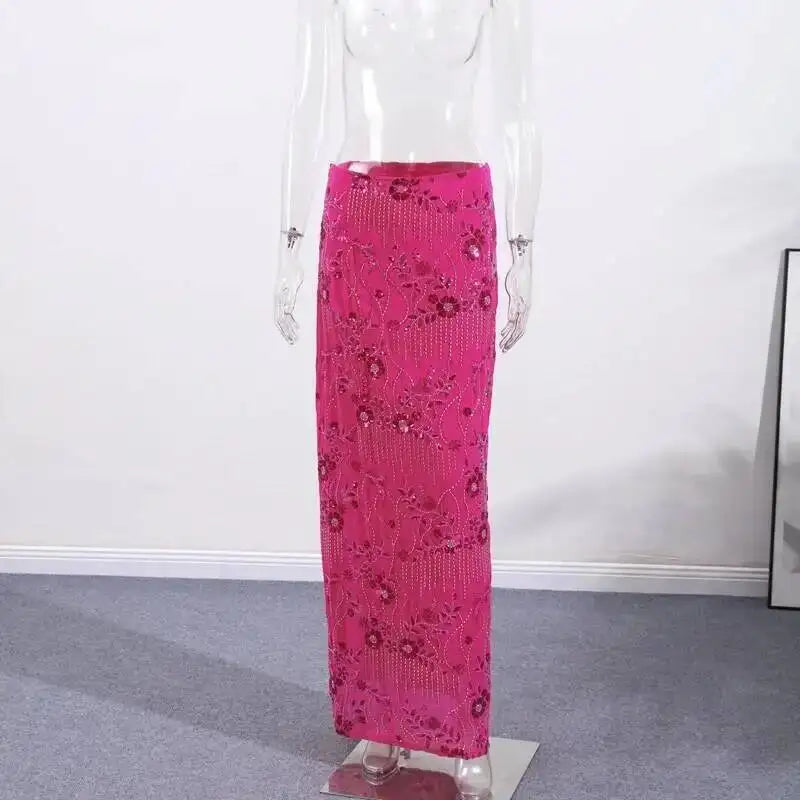 Sexy Beading Sequined Long Skirt Women Solid Low Waist Slim Straight Skirts Female Summer Lady Chic Beach Vacation Clothes JO6M