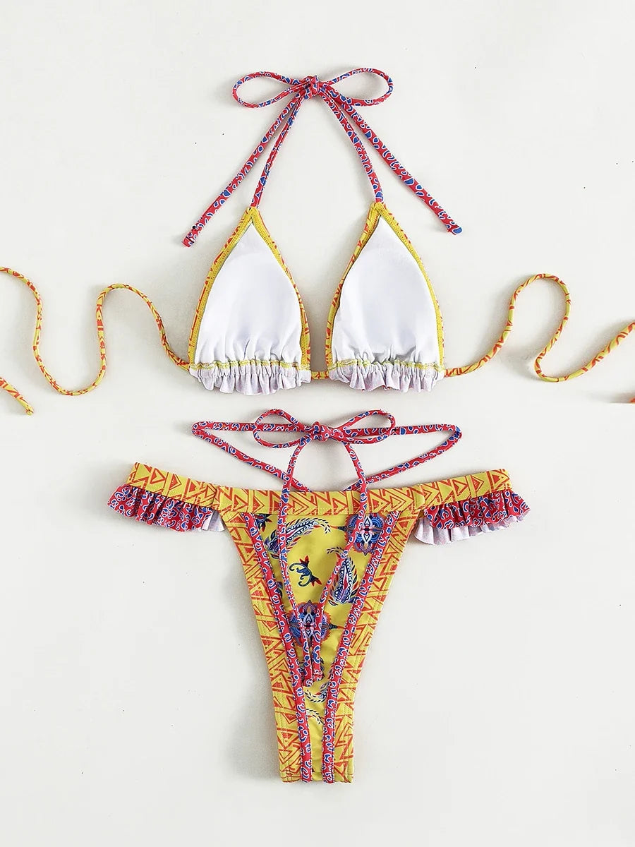 Floral Print Halter Ruffle Frilled Bikini Women Thong Swimwear Female Swimsuit Two-pieces Bikini Set Bathing Suit Swim Beachwear