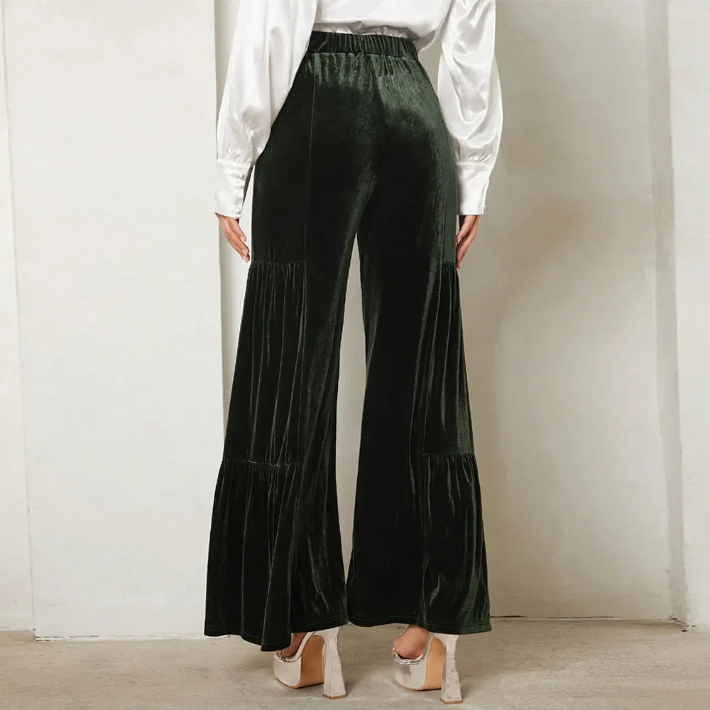 Autumn Winter Velvet Wide-Leg Pants Elegant Ruffled High-Waisted Straight-Leg Pants for Lady Casual Commuter Loose-Fit Trousers