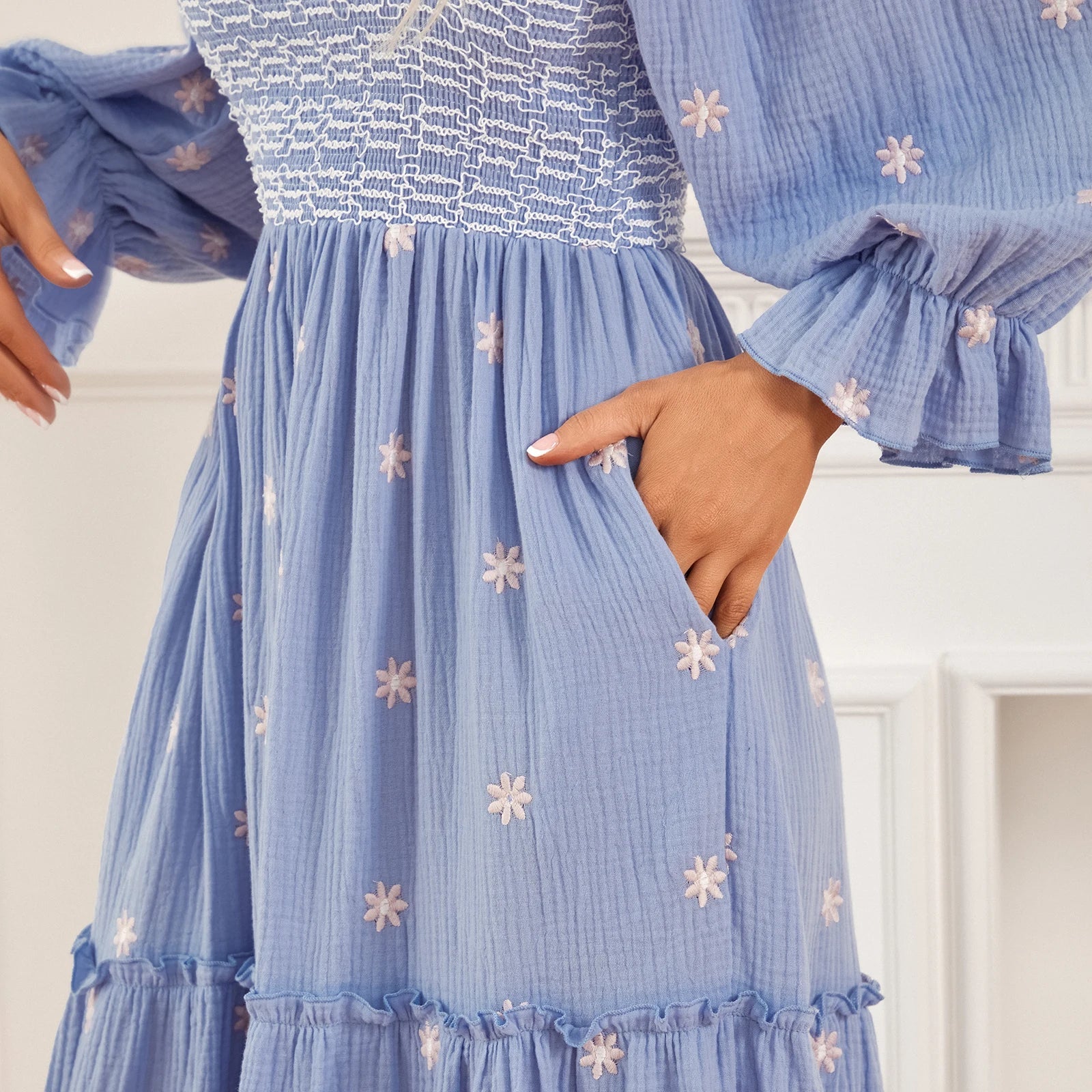 Women Spring Fall Long Dress Long Sleeve Dress Square Neck Embroidery Flower Loose Swing Dress Wit Pocket
