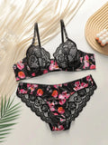 Ultra thin lace printed flower set with steel ring bra, sexy Lingerie women's underwear A3110