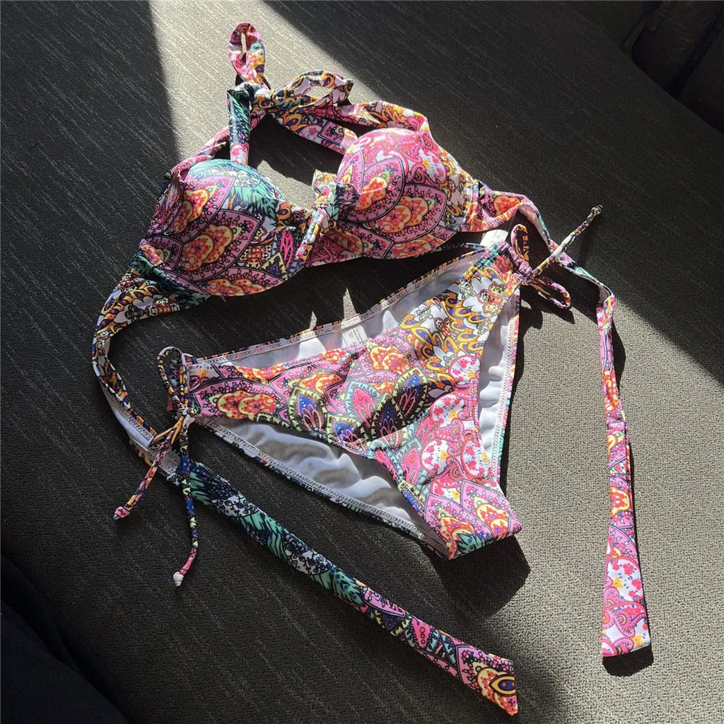 S- XL Sexy Printed Underwired Halter Bikini Women Swimwear Female Swimsuit Two-pieces Bikini Set Bather Bathing Suit Swim V4591