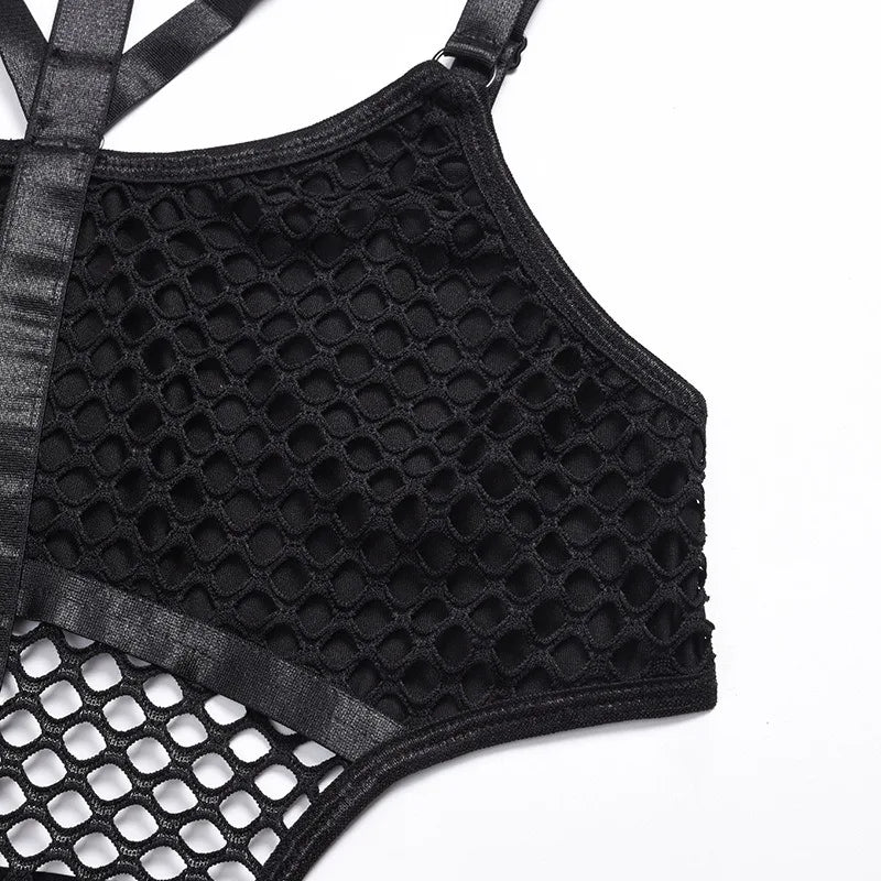 Toucheart Erotic Halter Bodysuit Large Mesh Splicing Andheavy Craftsmanship Women Hollow Seductive Intimate Hot Private Bodysuit