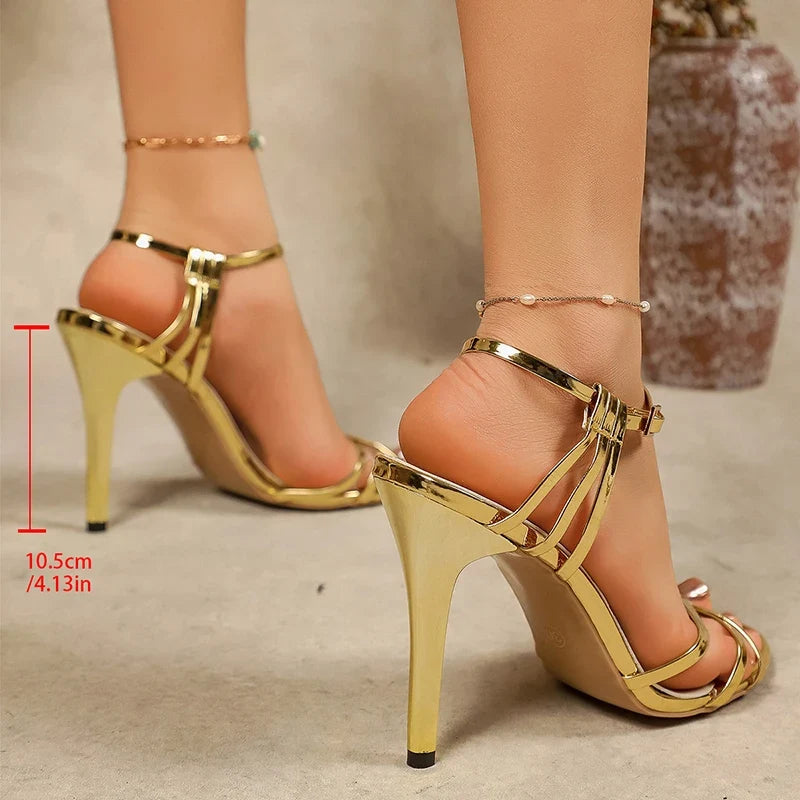 Zoki Gold Stiletto High Heel Sandals Women Plus Size 43 Party Wedding High Heels Shoes Woman Ankle Buckle Summer Sandalias Mujer