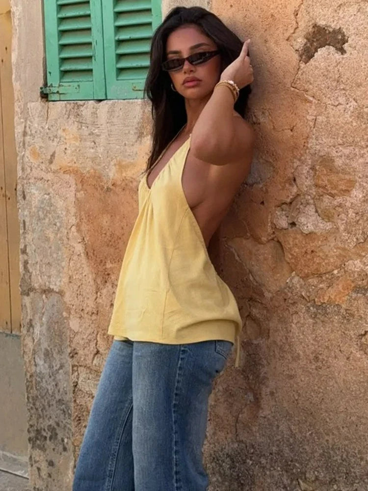 FDYOUI Woman Clothing Halter Neck Backless Camisoles Streetwear 2026 Summer Girls Sexy Lace-up Off Shoulder Yellow Tank Tops