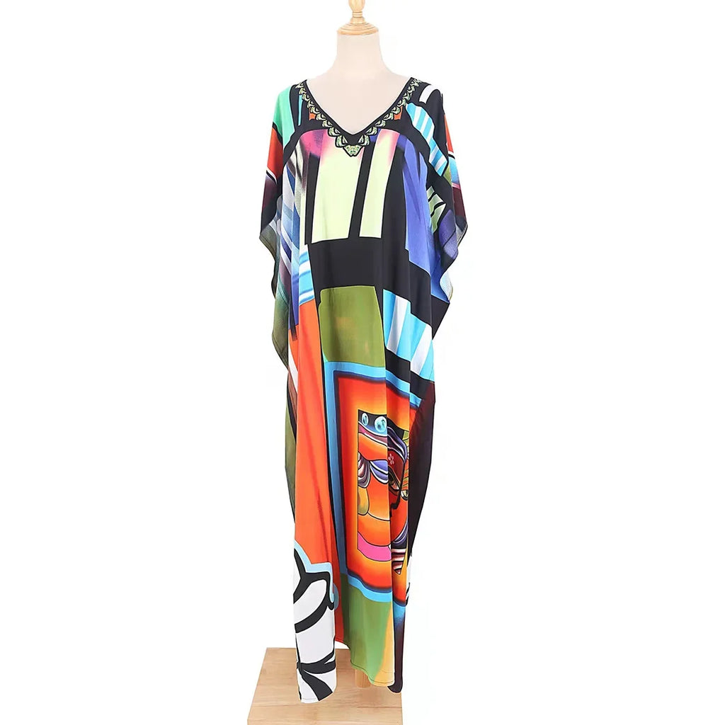 2026 New Colorful Kaftan Tunic Beach Dress Beach Wear Beachwear Beach Cover Up Cover-upsLoose Maxi Dress Female Women V4428