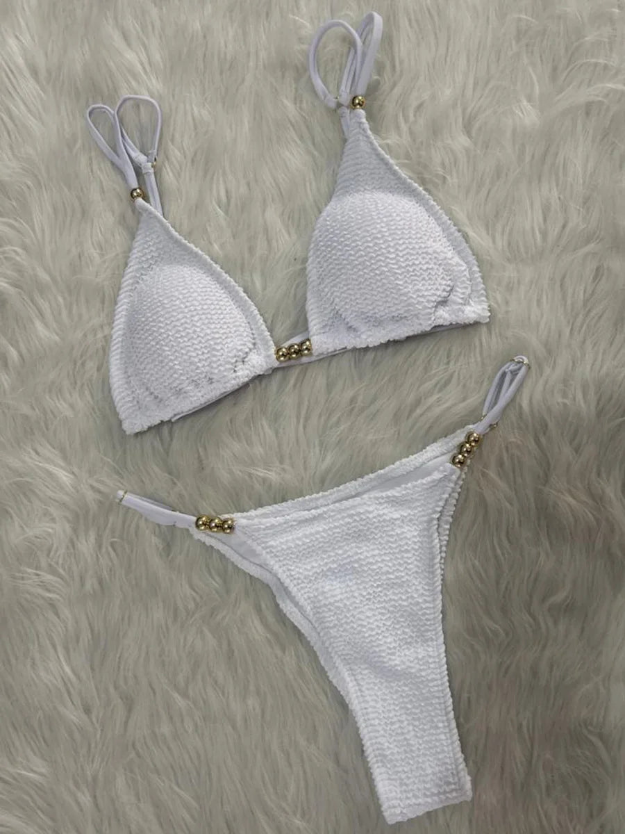 Wrinkled Pleated High Cut Brazilian Bikini Women Swimwear Female Swimsuit Two-pieces Bikini Set Bather Bathing Suit Swim Lady
