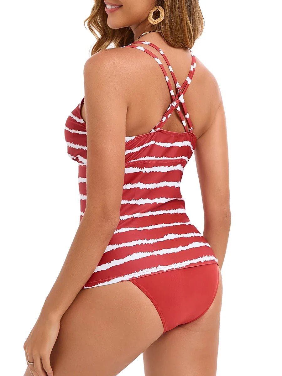 2026 Strappy Tankini Set Two Pieces Swimsuit Women Striped Swimwear Female Bathers Bathing Swimming Swim Suit Beachwear XXL