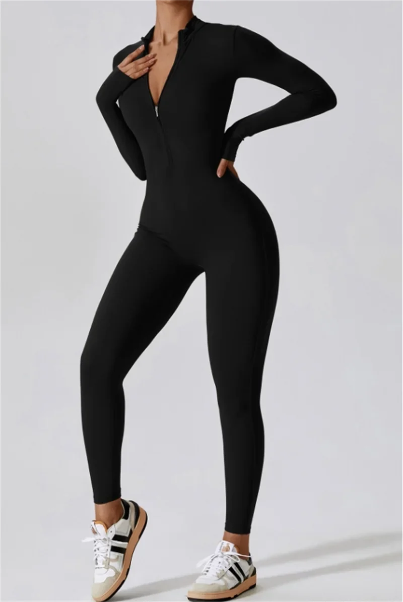 Half zip integrated long yoga jumpsuit solid color sexy long sleeved integrated sportswear for women