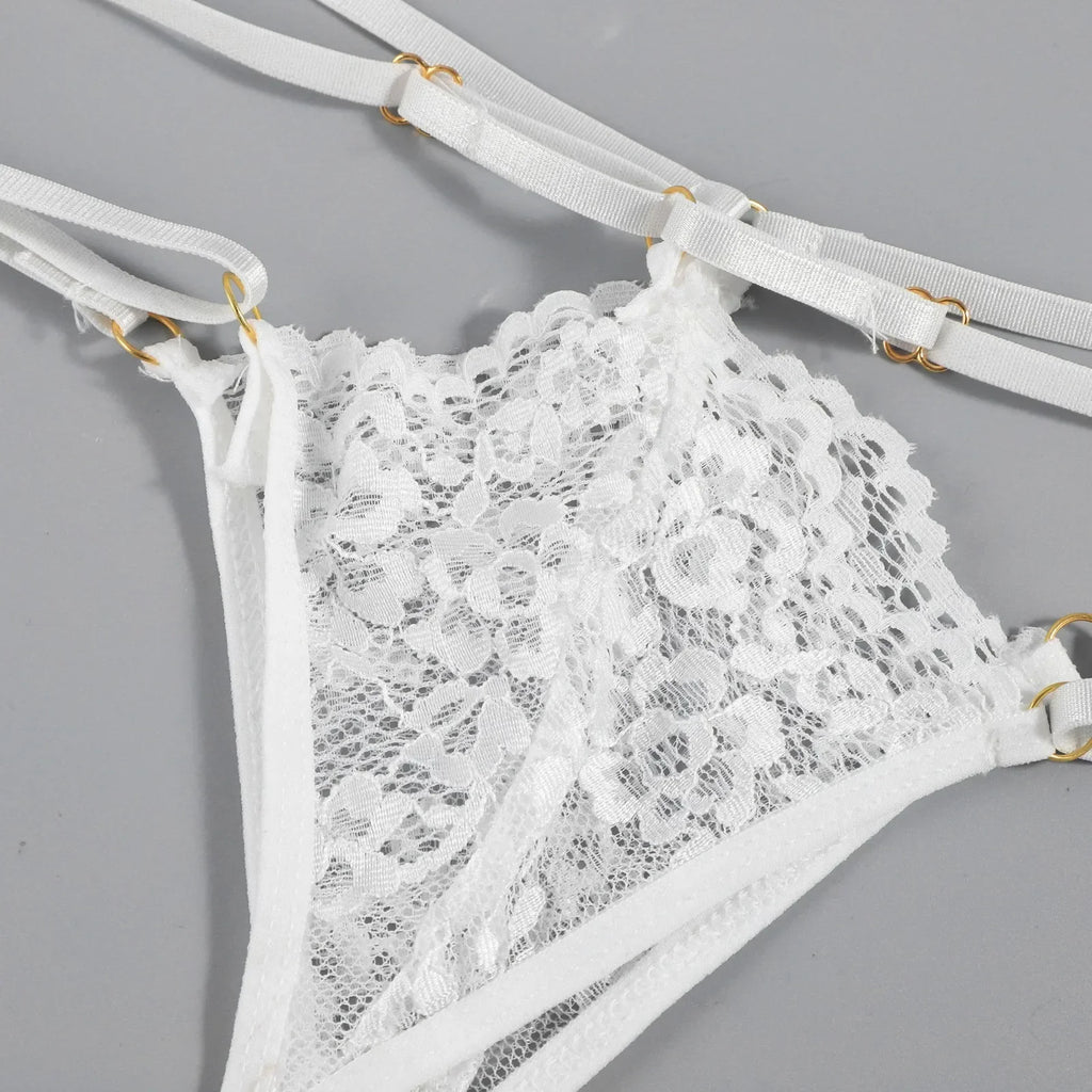 3PCS Lace See Through Bra Set Women Sexy Lingerie Underwear Halter Tops Bra and Panties Garter Intimate Sex Costumes