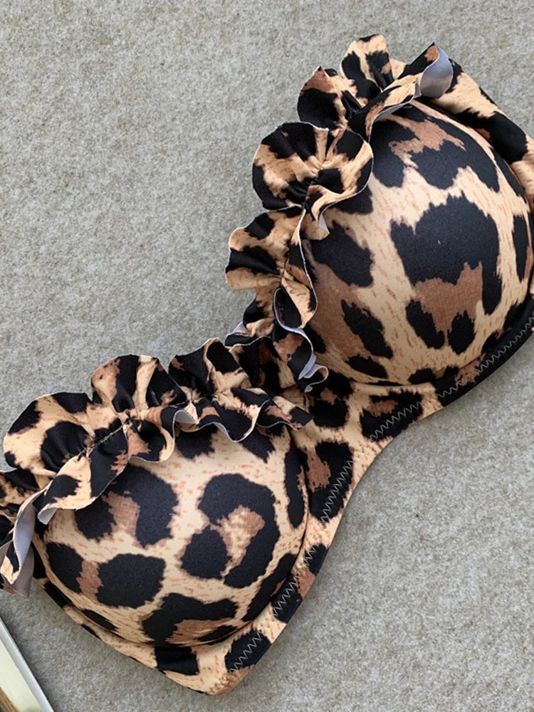 Leopard Ruffled Bra Cup Bikini 2025 Women Bandeau Swimsuit Female Swimwear Two Pieces Bikini Set Push Up Bathing Suit Swim Lady