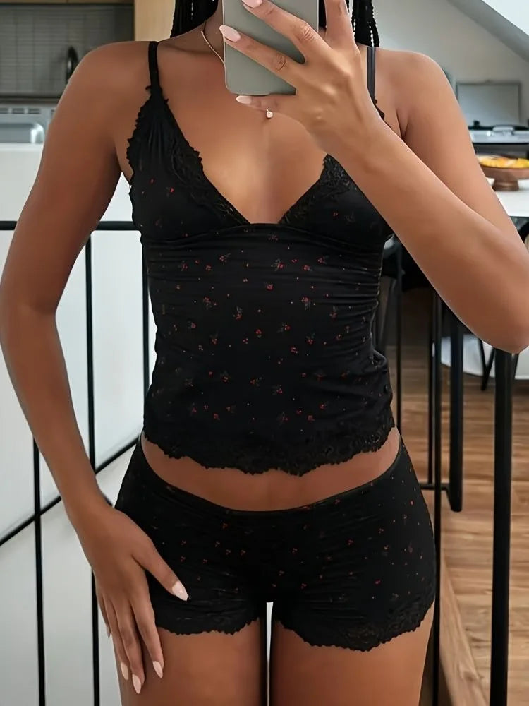Women Two-pieces Pajamas Set Pink Floral Lace Patchwork Sleepwear Sleeveless Camisoles and Slim Cute Shorts Loungewear