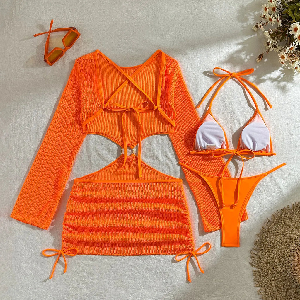 DEKA Women Solid Bikini Set Halter Bra Lace-up Swimsuit Set With Mesh Yarn Cover Up Dress Knitted  Long Sleeve Boho Swimwear