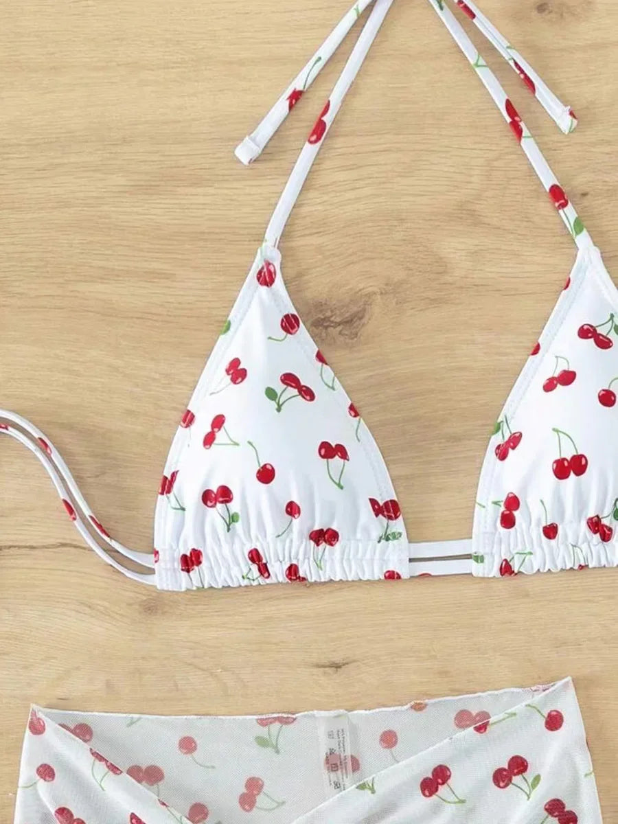 With Mesh Sarong Skirt Cherry Printed Bikini Female Swimsuit Women Swimwear Three Pieces Bikini Set Bathing Suit Swim Beachwear