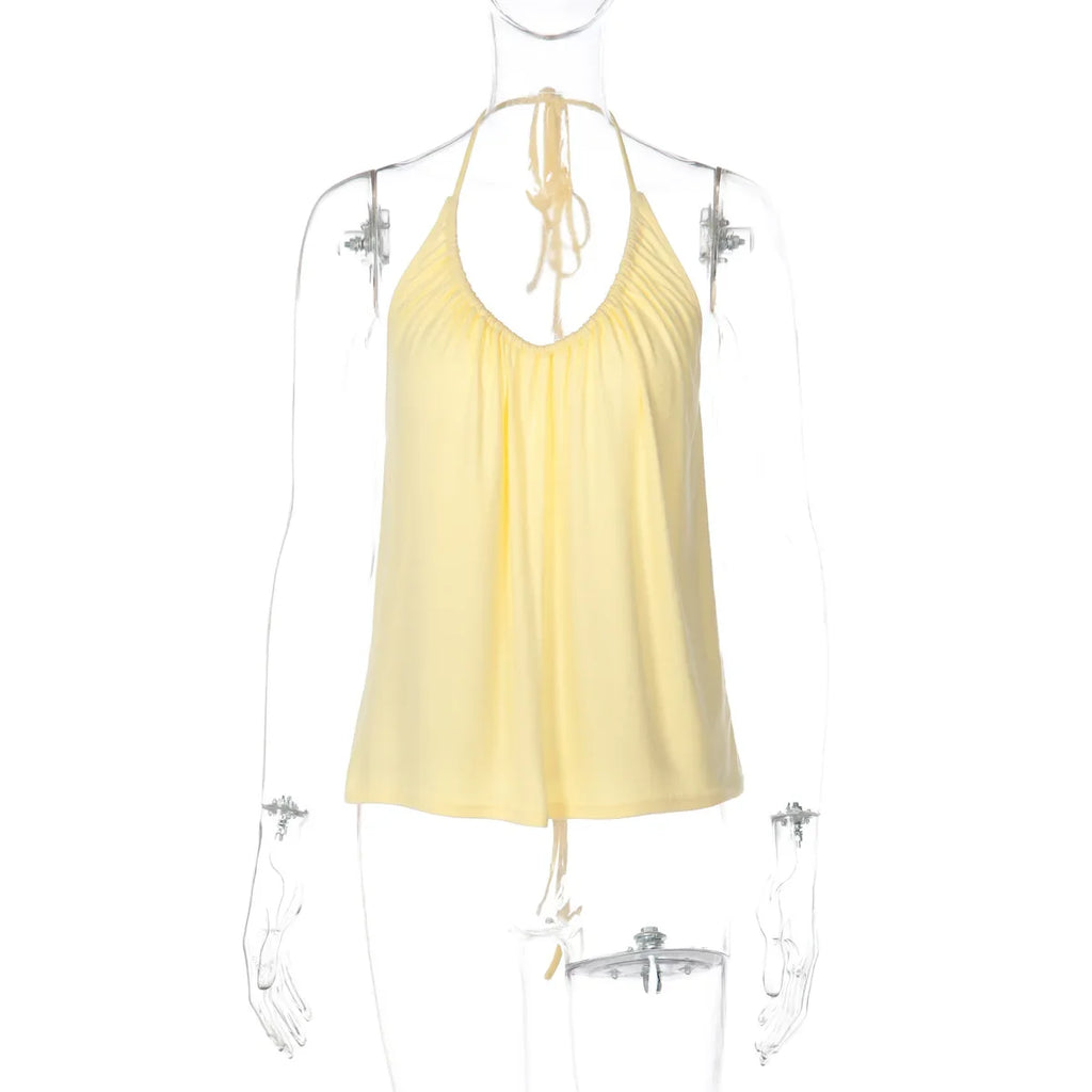 FDYOUI Woman Clothing Halter Neck Backless Camisoles Streetwear 2026 Summer Girls Sexy Lace-up Off Shoulder Yellow Tank Tops