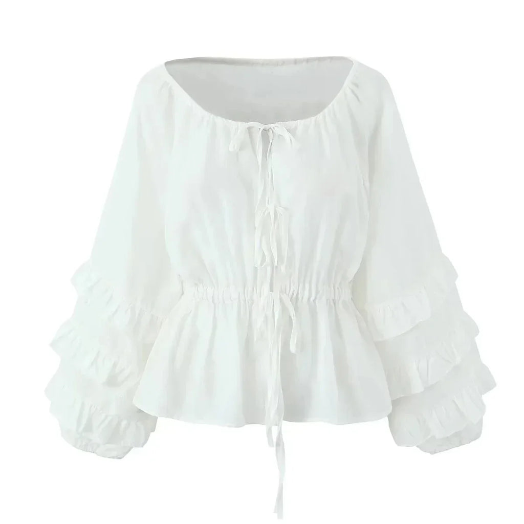 Foridol Tie Up Ruffles Lantern Sleeve White Blouse Women Spring Fashion Pelpum Top 2025 Summer O Neck Beach Casual Chic Blusa