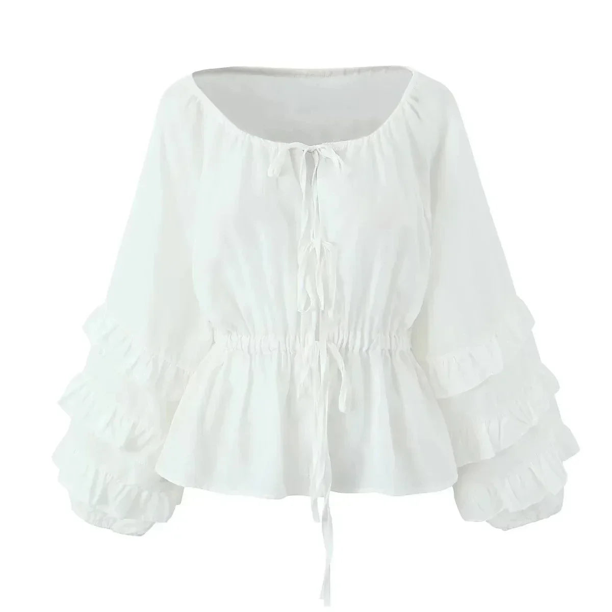Foridol Tie Up Ruffles Lantern Sleeve White Blouse Women Spring Fashion Pelpum Top 2025 Summer O Neck Beach Casual Chic Blusa