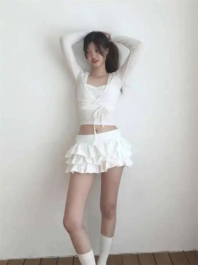 Sweet And Spicy Ballet F-length Skirt With Elastic Waist And Lace Hem Flared Cake-aped Ort Skirt For Young Women 8PO5