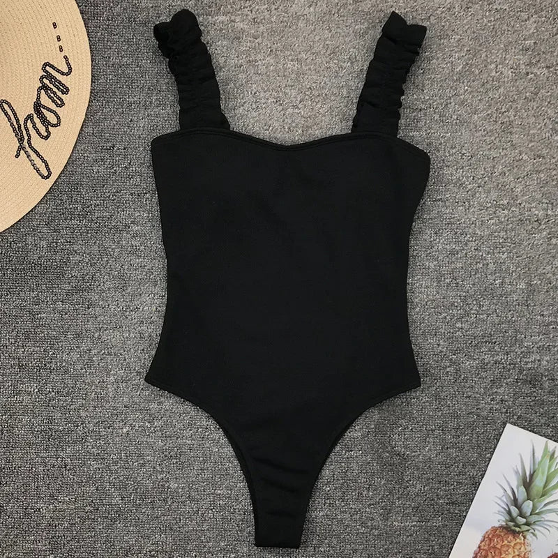 Sexy White Frill Trim Ruffled Ribbed Female Swimwear One Piece Swimsuit Women Monokini High Cut Bather Bathing Suit Swim Lady