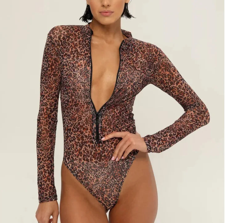 Women's Rashguard Zipper Long Sleeve Surfing Printed Swimsuit Women 2025 One Piece Bodysuit Push Up UV Protection Swimsuit Lady