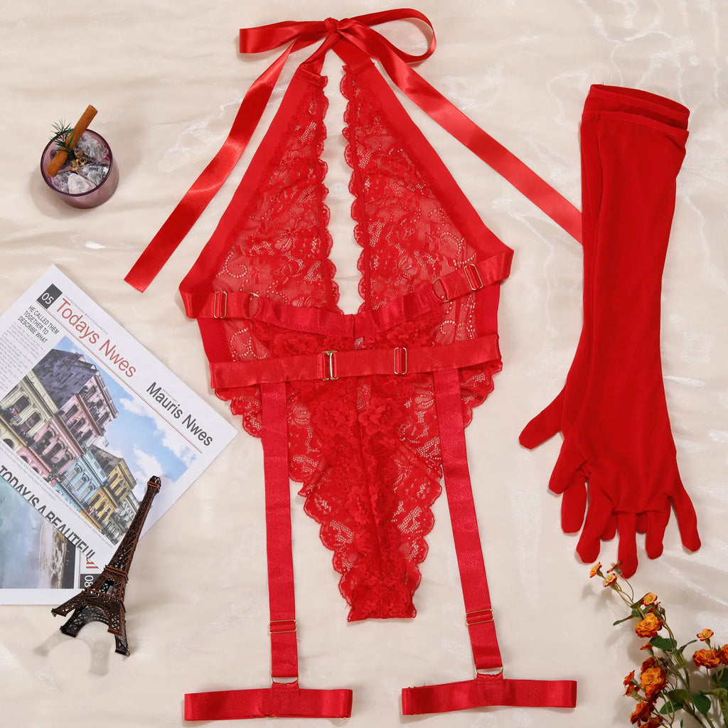New Purple Sexy Lace Bodysuits Deep V Neck Halter Mesh Solid Color Bodysuits Charming  Pure Desire Transparent Flower Print OOB5