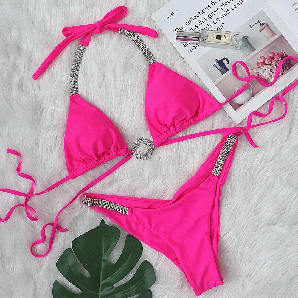 2 Colors Sexy Bikini Women Luxe Rhinestones Chain Swimwear Swimsuit Halter Bikinis Set Beach Bathing Suit Female Banadores Mujer
