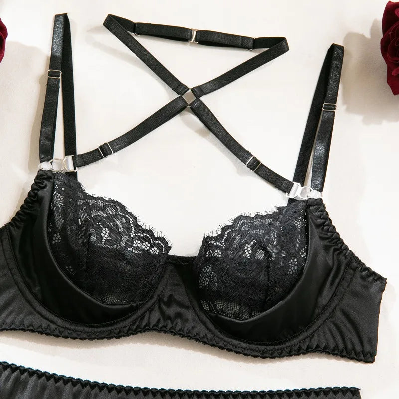 Toucheart Sexy Lingerie Set for Women Mesh Perspective Bra Set Lace Lace Splicing Sexy Hip-pack Skirt Sexy Underwear Garters Set