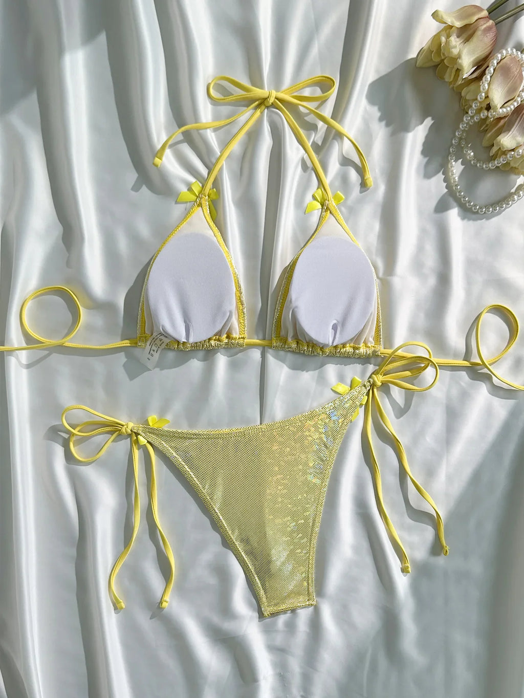 Shiny Brozing Neon Yellow Micro Bikini 2026 Women Sexy Bow Strap Push Up Bra Tie Side Thong Swimsuit Pool Bathing Suit  Swimwear