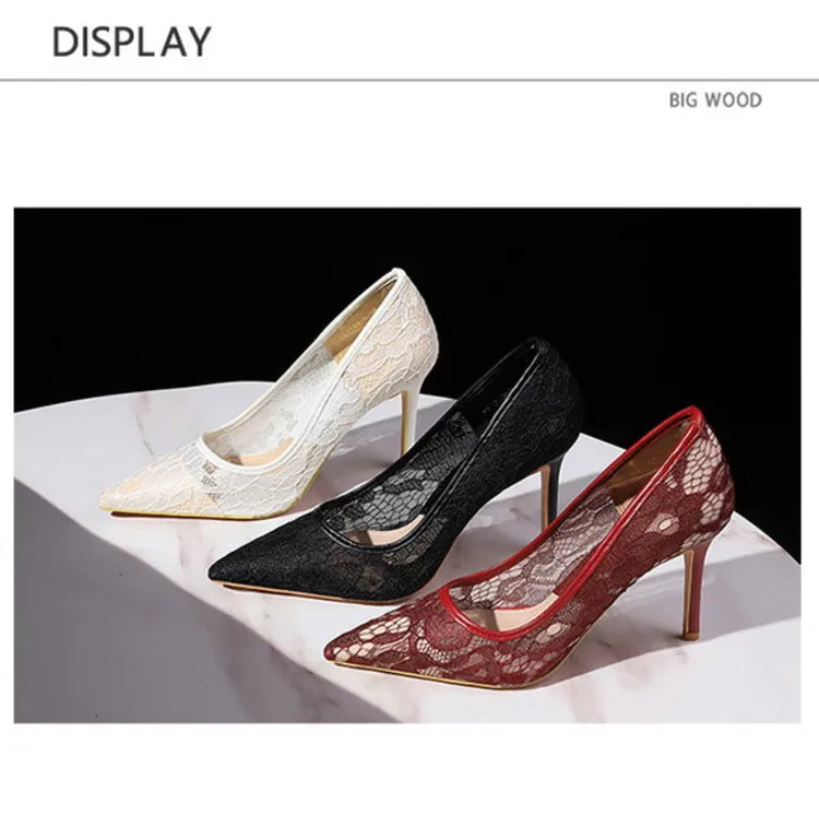 NASBAVI Sexy Lace High Heels Net Gauze Thin Heel Pointed Toe Slimming Nightclub Style Low Heel Single Shoes 41 42 43