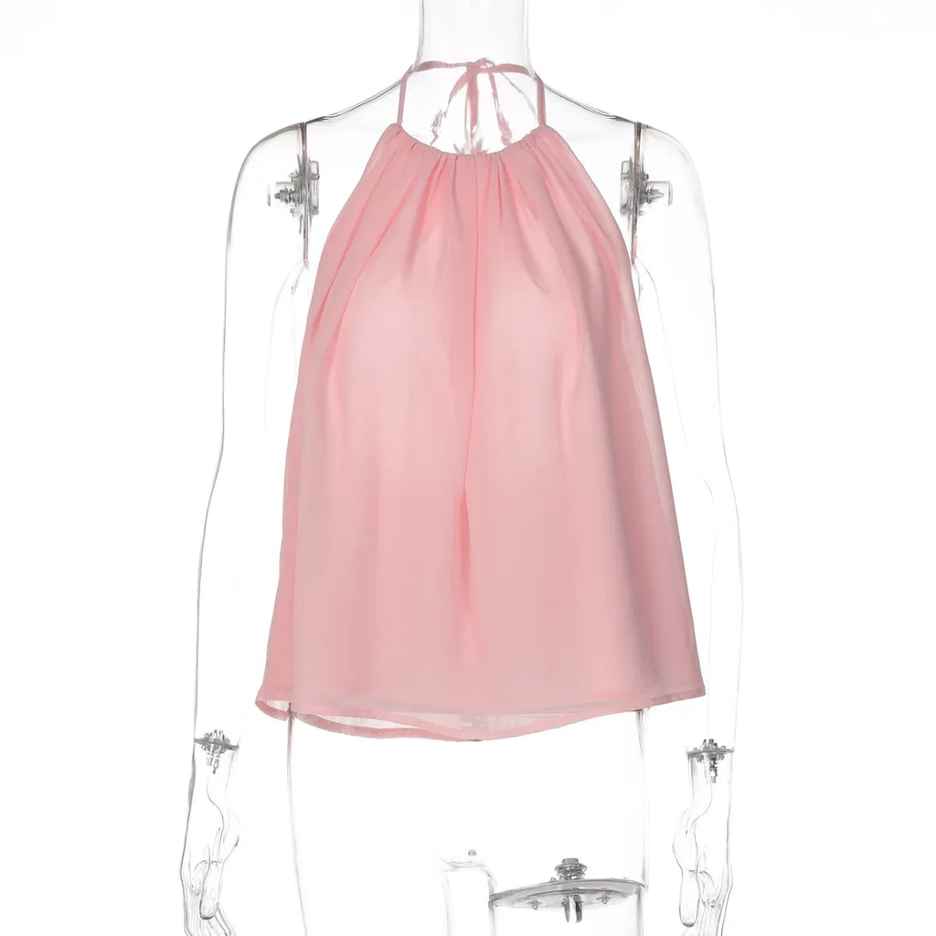 FDYOUI Women's Halter Off Shoulder Camisoles 2026 Summer Sexy Lace-up Backless Pink Tank Top Girls Loose Solid Tops Streetwear