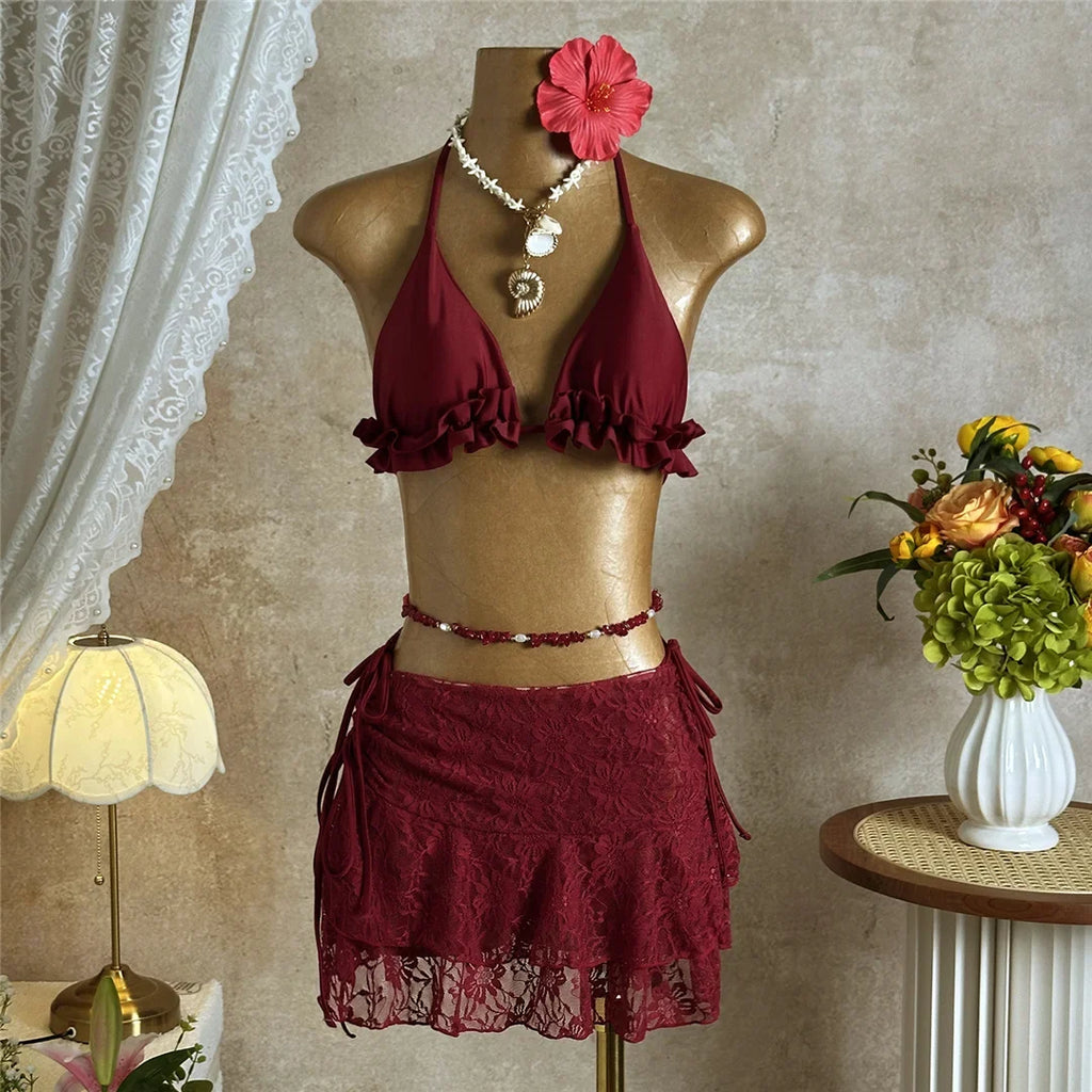 With Skirt Ruffled Frilled Halter Bikini Female Swimsuit Women Swimwear Three-pieces Bikini set Bather Bathing Suit Swim V7788