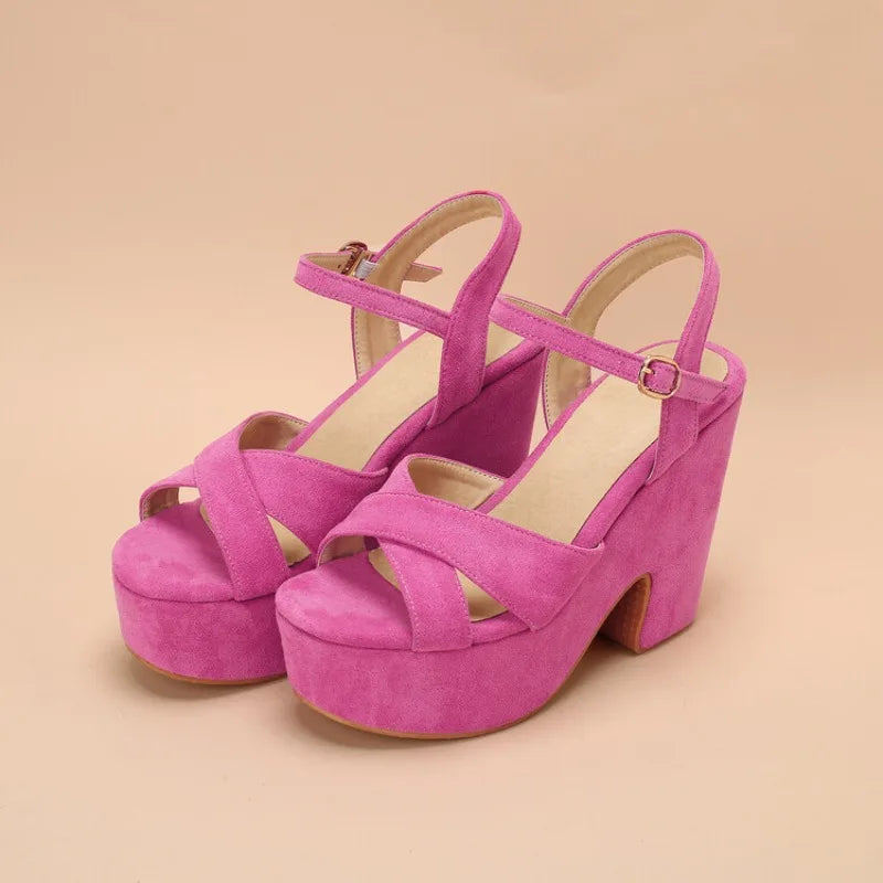 Plus Size Shoes for Women Summer Fashion Candy Colors Buckle Strap High Heel Peep Toe Wedges Sandals Casual Women Beach Shoes