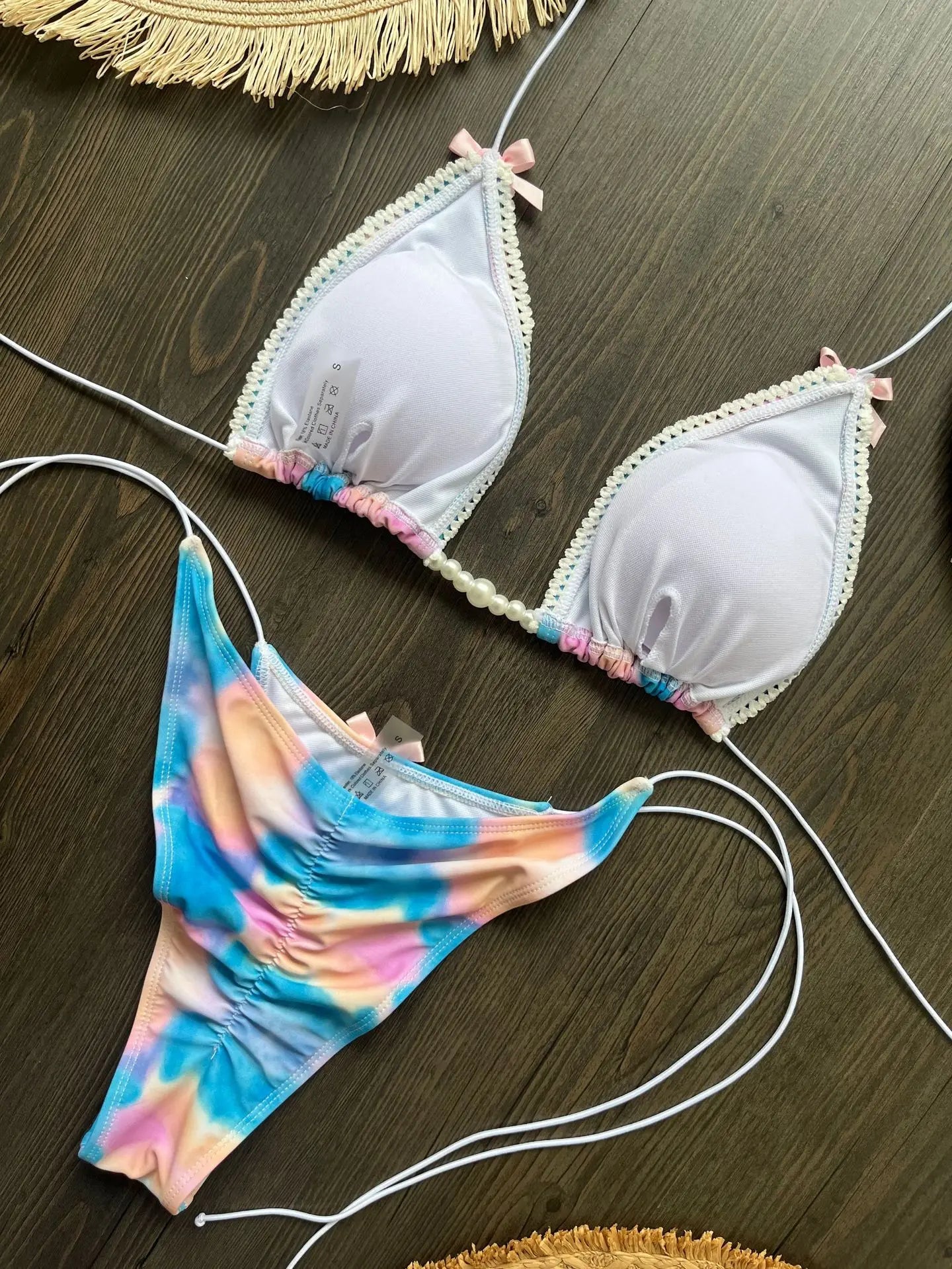 DEKA Tie Dye Bikini Set Pearl Swimsuit Women Pleated Triangle Lace Up Thong Micro Bikini Summer New Sexy Ladies Bathing Suit