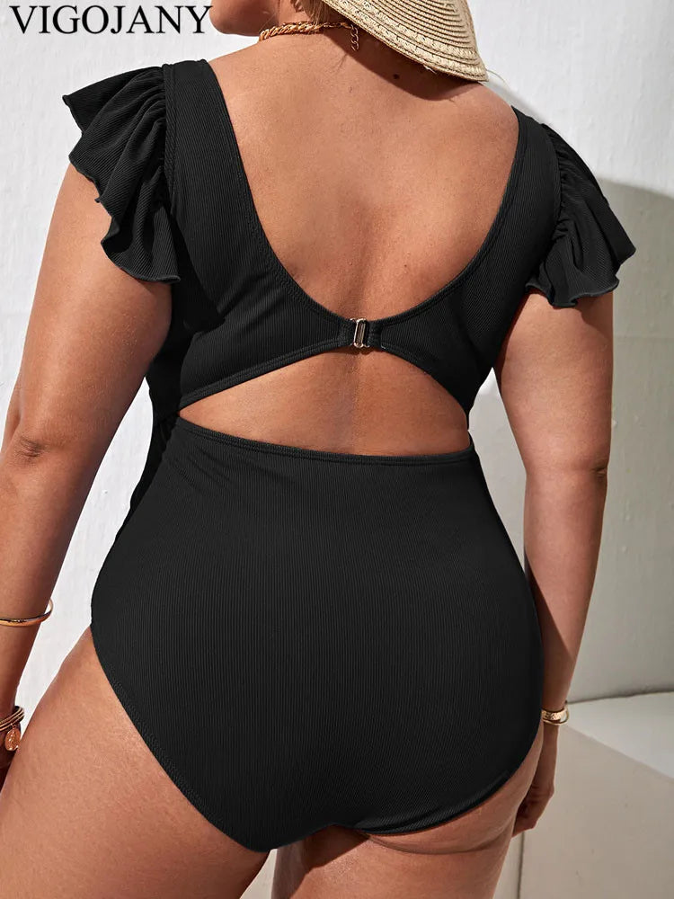 VigoJany 2026 Solid Sexy Plus Size Swimwear Women Ruffle Short Sleeve Large One Piece Swimsuit Summer Beach Chubby Bathing Suit