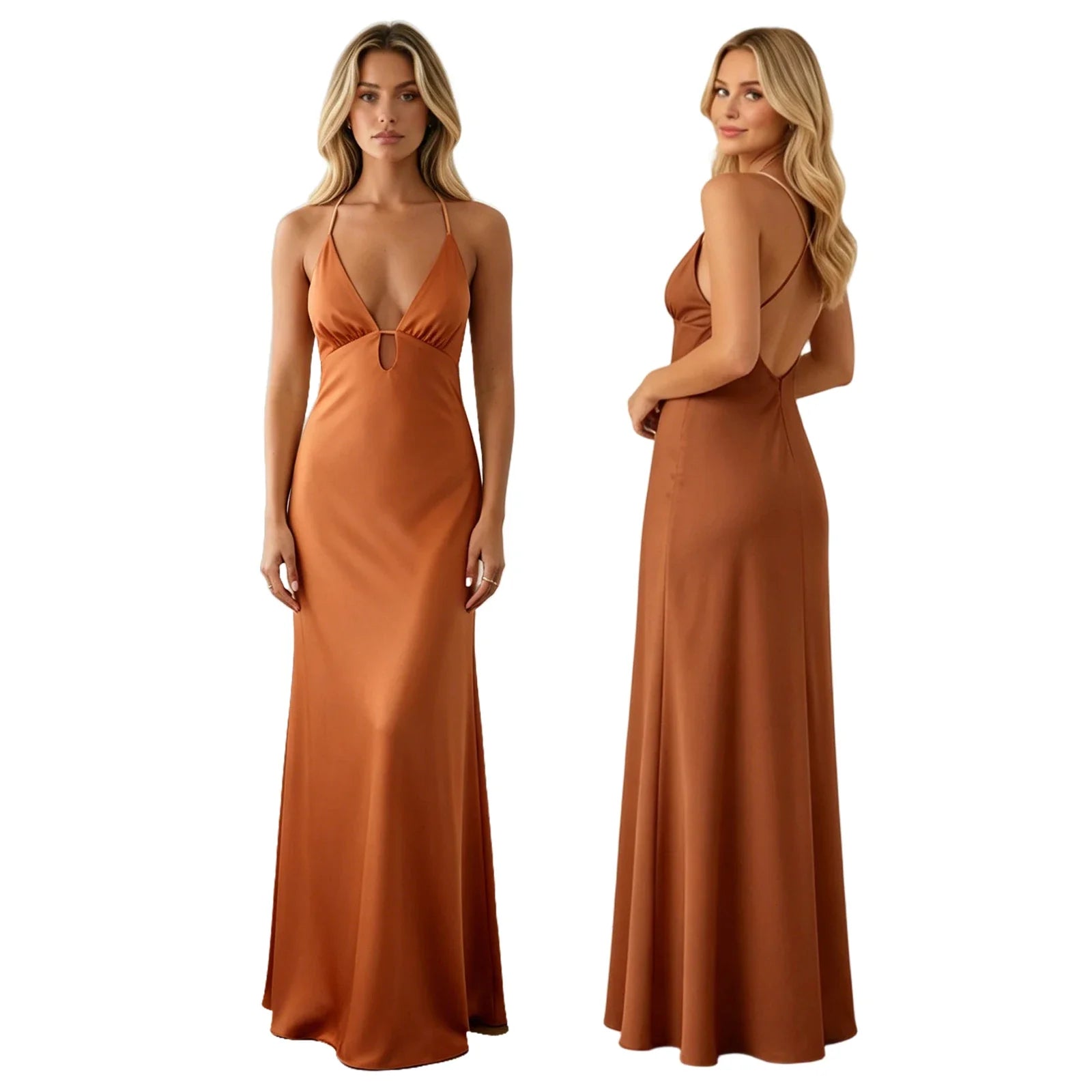 Summer Women's Satin Long Dress Spaghetti Strap Sleeveless V Neck Cutout Slim Fit Elegant Dress for Party Evening Solid Color