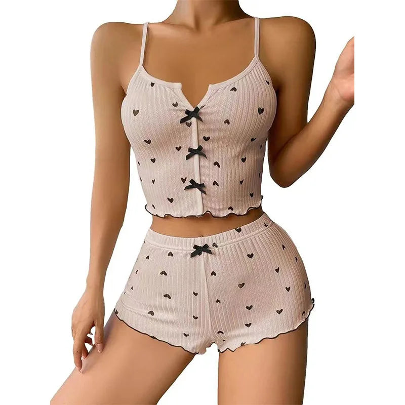 1 Set Women Sexy Pajama Set, Love Heart Print Spaghetti Strap Tops and Shorts, Knit Fabric Sleepwear for All Seasons, Loungewear