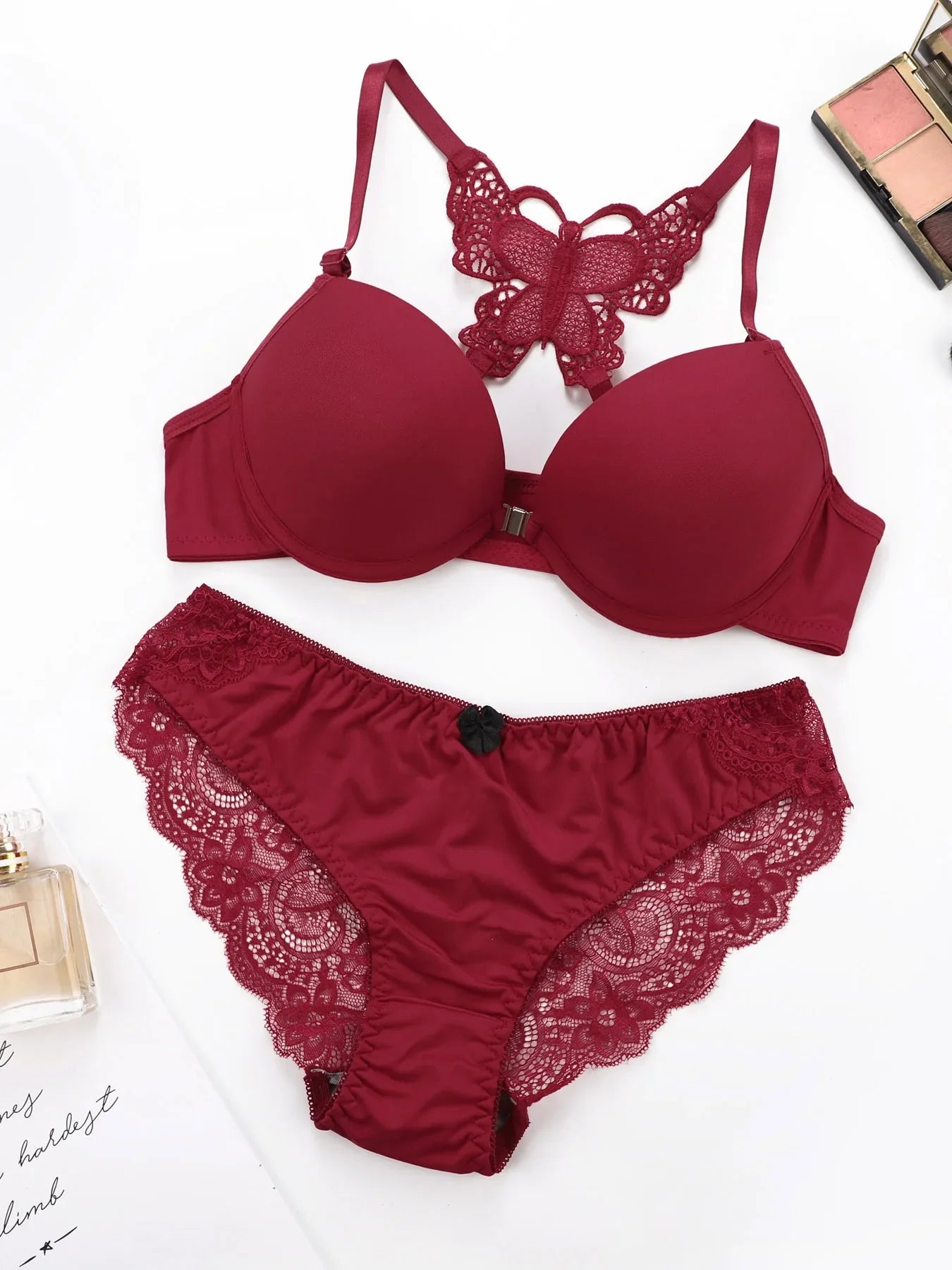 Hot selling 2-piece set of sexy red front button braissere beautiful back butterfly fashion bra push up women's set A2120